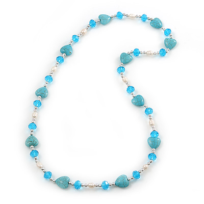 Turquoise Heart Shape Stone, Freshwater Pearl & Acrylic Bead Long Necklace - 76cm Length