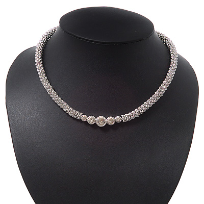 Rhodium Plated Metal Rings Diamante Magnetic Choker Necklace - 36cm Length