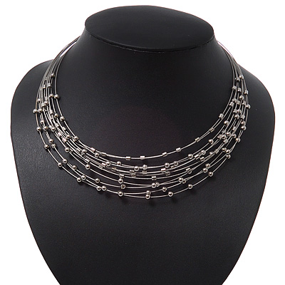 Rhodium Plated Multistrand Wire Beaded Magnetic Choker Necklace - 34cm Length