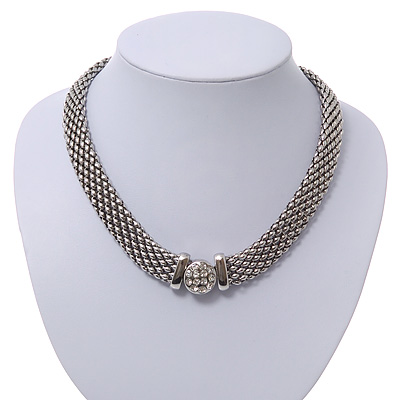 Rhodium Plated Mesh Choker With Diamante Magnetic Clasp - 40cm Length