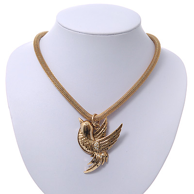 Gold Plated 'Bird' Pendant Mesh Magnetic Choker Necklace - 38cm Length