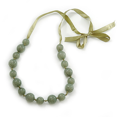Long Round Pale Green Resin 'Cracked Effect' Bead Necklace With Silk Ribbon - Adjustable