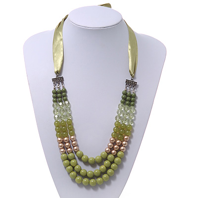 Long Multi Layered Lime/Gold/Green/Transparent Acrylic Bead Necklace With Light Green Silk Ribbon - Adjustable