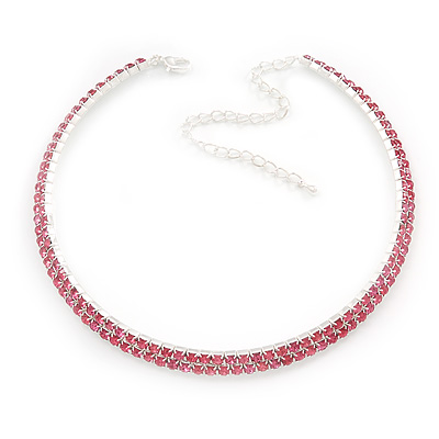 2-Row Pink Austrian Crystal Choker Necklace (Silver Plated) - main view