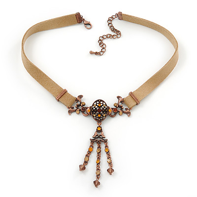 Victorian Light Brown Suede Style Diamante Choker Necklace In Bronze Metal - 34cm Length with 7cm extension