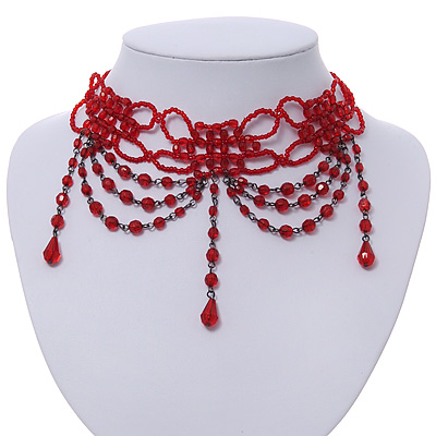 Chic Victorian/ Gothic/ Burlesque Red Bead Choker Necklace - main view