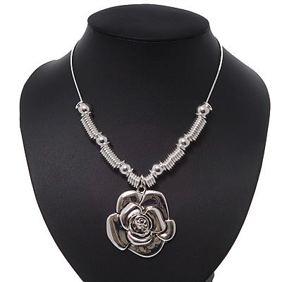 Rhodium Plated Rose Pendant Necklace - 38cm Length/ 8cm Extension