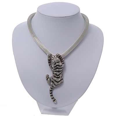 Silver Crystal Enamel 'Tiger' Mesh Magnetic Choker Necklace - main view