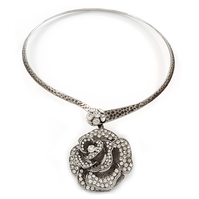 Large Dimensional Swarovski Crystal 'Rose' Pendant Collar Necklace In Burn Silver Finish -  38cm Length