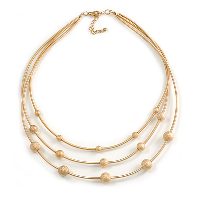 3 Strand Textured Ball Necklace In Gold Plated Metal - 40cm Length/ 5cm Length