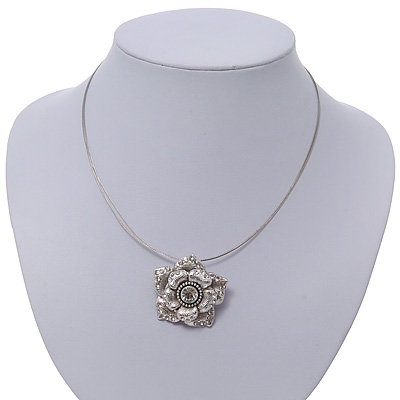 Crystal Layered Textured Rose Pendant Wire Choker Necklace In Silver Plating - 36cm Length/ 7cm Extension