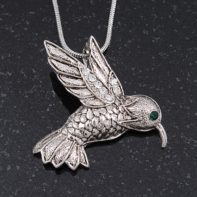 Burn Silver Diamante 'Bird' Pendant Necklace - 38cm Length/ 8cm Extension