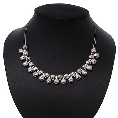 Polished/Matt Silver Tone Diamante Bead Wire Necklace - 36cm Length/ 7cm Extender