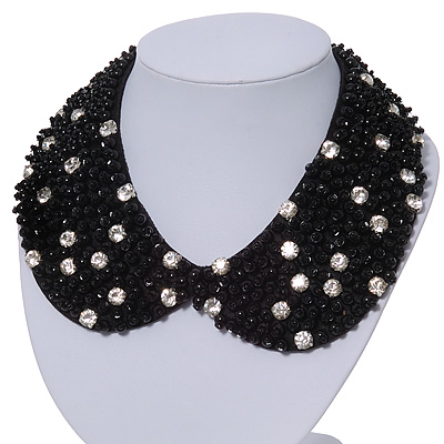 Black Acrylic Bead Clear Diamante Felt Peter Pan Necklace - 36cm Length