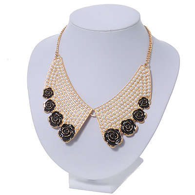 Black Enamel Rose Peter Pan Simulated Pearl Collar Necklace In Gold Plating - 38cm Length/ 6cm Extension - main view