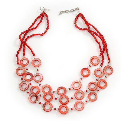Multistrand Red Shell Circle Necklace In Silver Finish - 46cm Length/ 4cm Extender