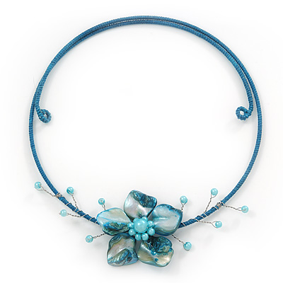 Light Blue Shell Flower Flex Wire Choker Necklace - Adjustable