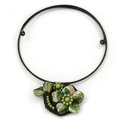 Dark Green/Olive Green Shell Flower Flex Wire Choker Necklace - Adjustable