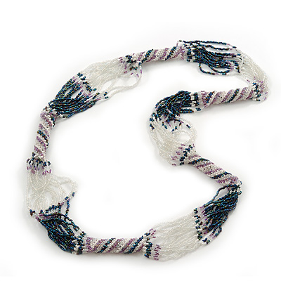 Long Multistrand White/Lavender/Peacock Glass Bead Necklace - 92cm Length