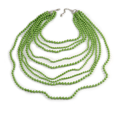 Long Layered Pea Green Acrylic Bead Necklace In Silver Plating - 112cm Length/ 5cm Extension - main view