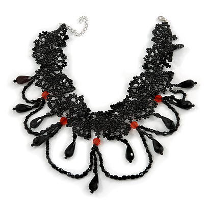 Stunning Jet Black/Red Acrylic Bead Lacy Style Choker - 28cm Length/ 6cm Extension - main view