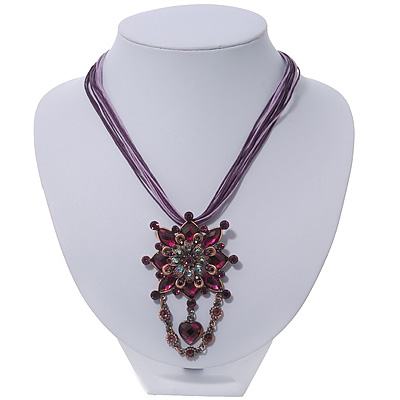 Violet/Purple Statement Diamante Charm Pendant Cord Necklace In Bronze Metal - 38cm Length/ 7cm Extension