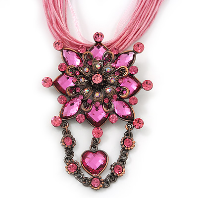 Pink Statement Diamante Charm Pendant Cord Necklace In Bronze Metal - 38cm Length/ 7cm Extension