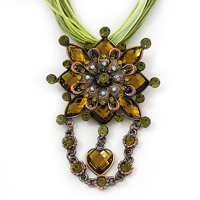 Olive/Light Green Statement Diamante Charm Pendant Cord Necklace In Bronze Metal - 38cm Length/ 7cm Extension