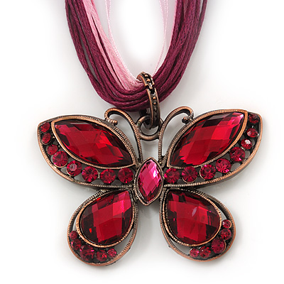Pink/Magenta Diamante 'Butterfly' Cotton Cord Pendant Necklace In Bronze Metal - 38cm Length/ 8cm Extension - main view