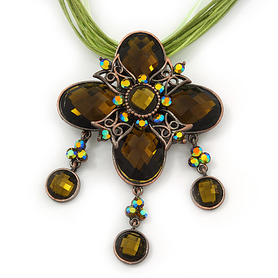 Vintage Olive Diamante 'Cross' Pendant Necklace On Cotton Cords In Bronze Metal - 38cm Length/ 7cm Extension - main view