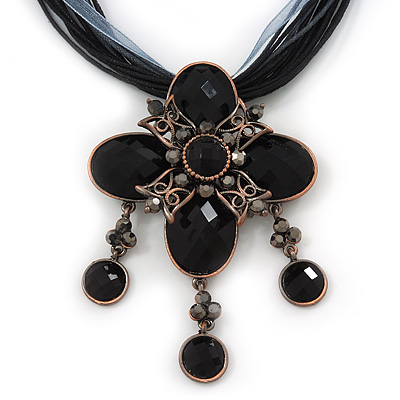 Vintage Black/Grey Diamante 'Cross' Pendant Necklace On Cotton Cords In Bronze Metal - 38cm Length/ 7cm Extension