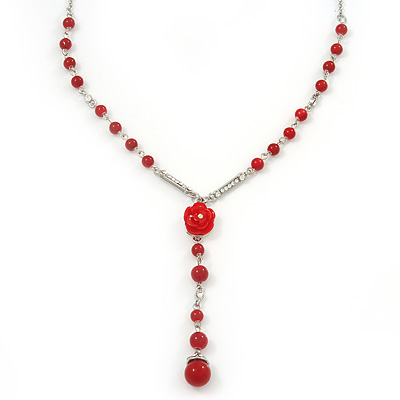 Y-Shape Red Resin Rose Bead Necklace In Rhodium Plating - 46cm Length/ 6cm Extension