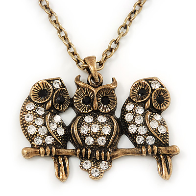 'Three Wise Owls' Long Diamante Pendant Necklace In Burn Gold Metal - 62cm Length/ 5cm Extension - main view