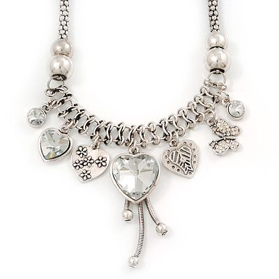 Vintage Burn Silver Charm 'Heart&Butterfly' Mesh Necklace - 40cm Length/ 6cm Extension