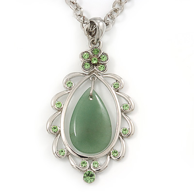 Pear-Shaped Green Jade/ Diamante Pendant Necklace In Rhodium Plating - 38cm Length/7cm Extension - main view