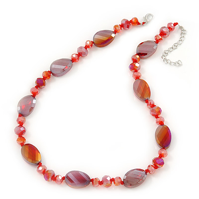 Glittering Carrot Red Glass Bead Necklace In Silver Plating - 42cm Length/ 6cm Extension - main view