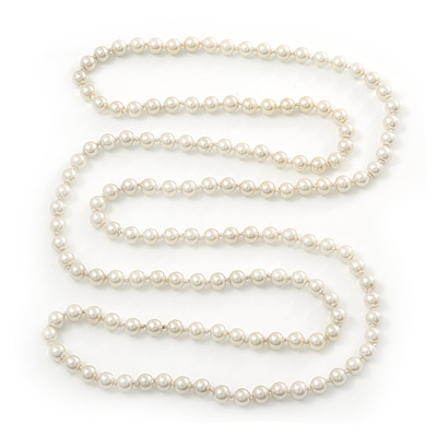 Long White Glass Bead Necklace - 140cm Length/ 8mm