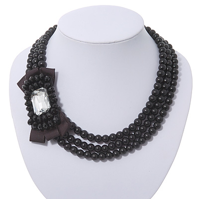 3-Strand Black Glass Bead With Fabric Bow Necklace In Silver Plating - 40cm Length