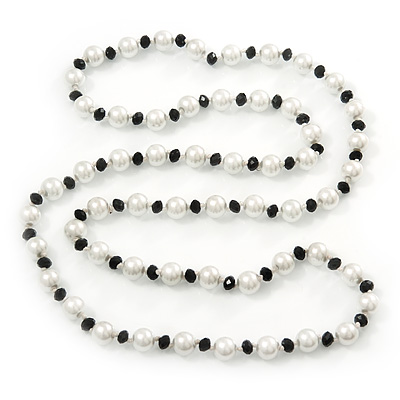 Long Black/ White Glass Pearl Necklace - 110cm Length - main view