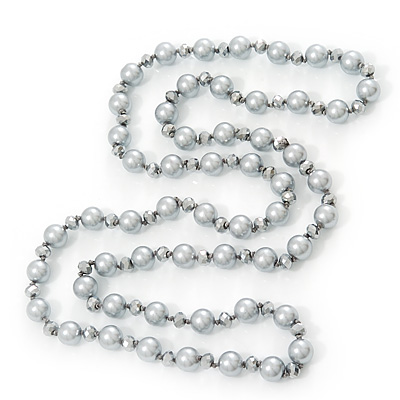 Long Light Grey/Metallic Grey Glass Pearl/Bead Necklace - 110cm Length
