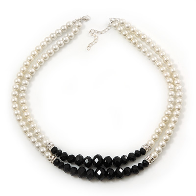 Two Row White Simulated Glass Pearl & Black Crystal Beads Necklace - 46cmc Length /6cm Extension - main view