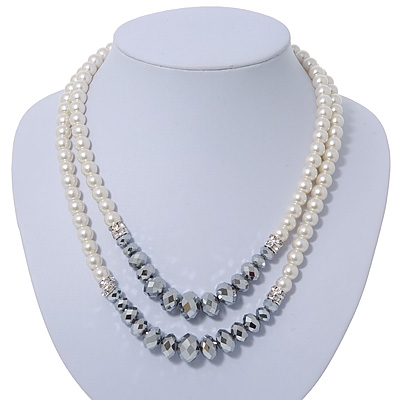 Two Row White Glass Pearl & Grey Crystal Beads Necklace - 46cm L /6cm Ext - main view