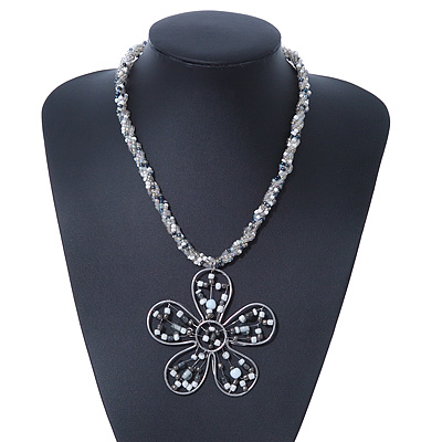 White/ Grey Coloured Glass Bead Flower Pendant Necklace - 40cm Length
