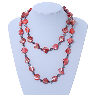 Long Brick Red Shell & Metal Bead Necklace - 110cm Length