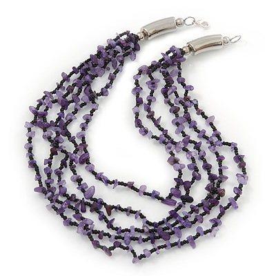 Amethyst/ Black Multistrand, Layered Glass Bead Necklace In Silver Plating - 60cm Length