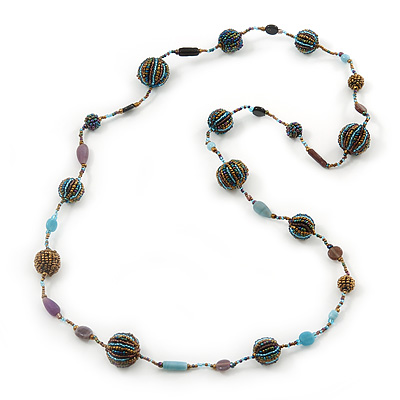 Long Glass Bead Ball Necklace (Light Blue, Gold, Brown) - 100cm Length