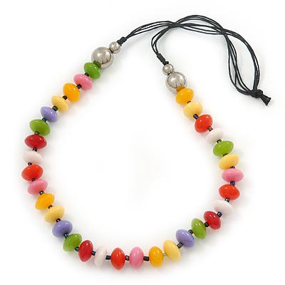 Multicoloured Resin 'Button' Beaded Black Cotton Cord Necklace - 76cm Length - main view