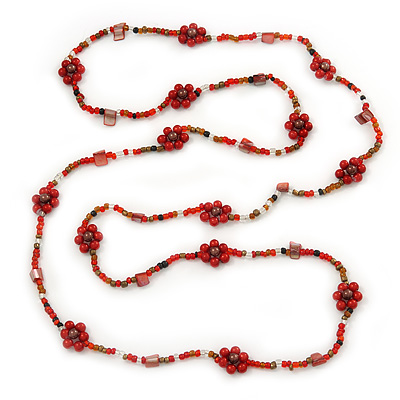 Long Red/ Amber Coloured Glass Bead Floral Necklace - 130cm Length