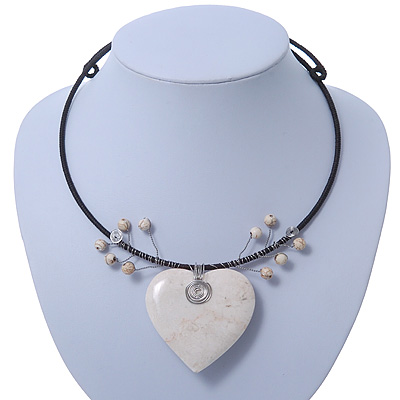 Antique White Ceramic 'Heart' Pendant Wired Choker Necklace - Adjustable