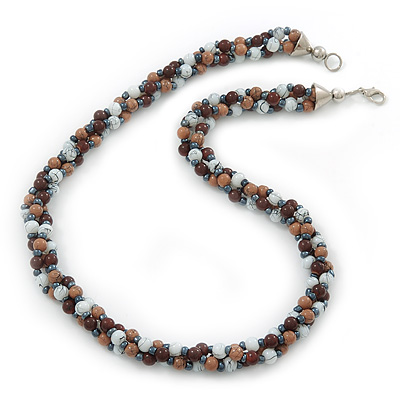 Beige/ Brown/ White Ceramic Bead Twisted Necklace In Silver Tone - 52cm Length